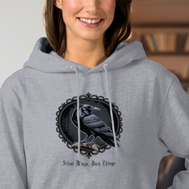 Vintage Raven Art Grey Hoodie (Black gothic raven hoodie)