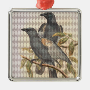 Vintage Raven Ephemera on Taupe Harlequin Pattern Metal Ornament