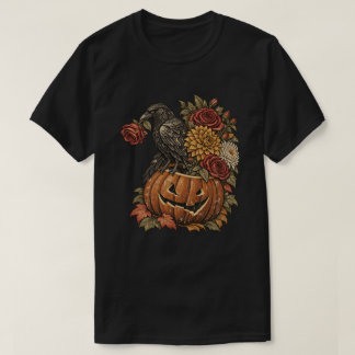 Vintage Raven on Pumpkin with Autumn Flowers T-Shirt
