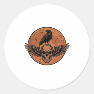 Vintage Raven Winged Skull Orange Moon Vector Desi Classic Round Sticker