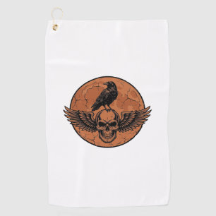 Vintage Raven Winged Skull Orange Moon Vector Desi Golf Towel
