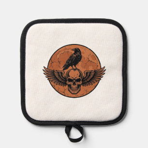 Vintage Raven Winged Skull Orange Moon Vector Desi Pot Holder