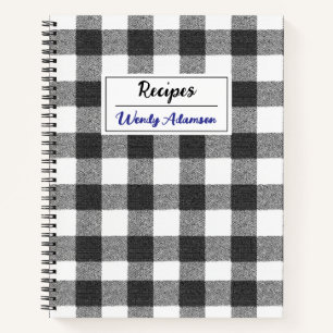 Vintage Recipe Book. Black & White Gingham Plaid Notebook
