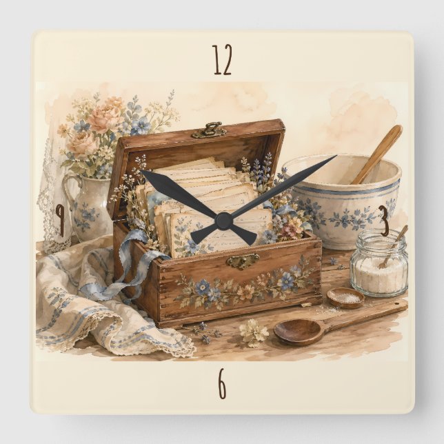 Vintage Recipe Box Cottage Kitchen Square Wall Clock (Front)