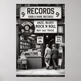 Vintage Record Store Poster, Black White Music Poster