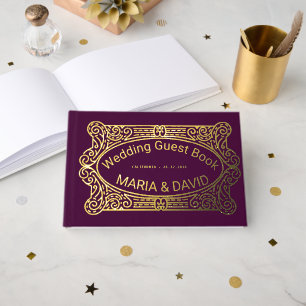 Vintage Rectangle Golden Frame Purple Cute Wedding Guest Book