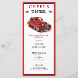 Vintage Red 1939 Coupe 85th Birthday Party Menu