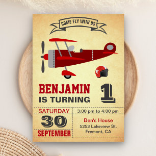 Vintage Red Aeroplane 1st Birthday Party Invitatio Invitation