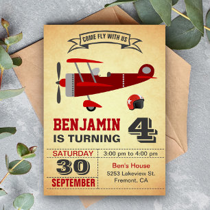 Vintage Red Aeroplane Birthday Party Invitation