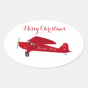Vintage Red Aeroplane Merry Christmas Gift Sticker