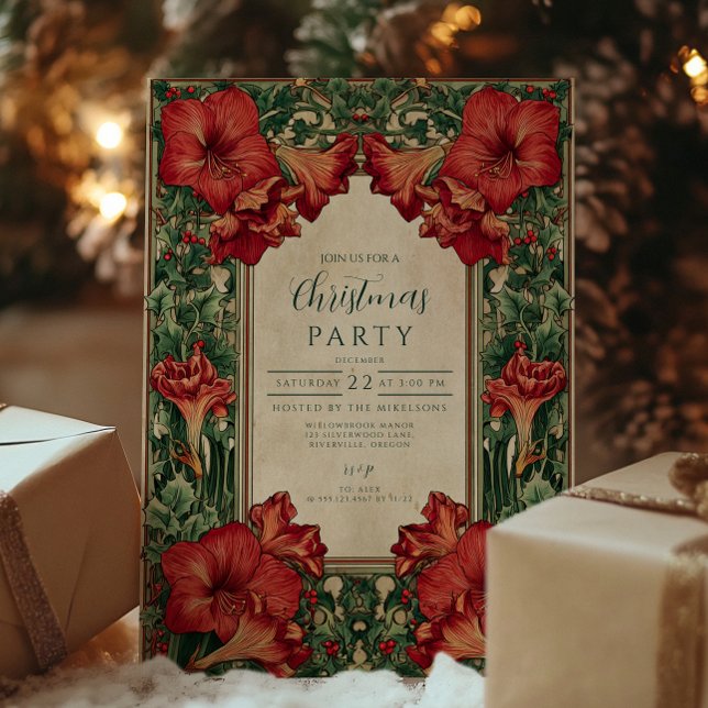 Vintage Red Amaryllis Botanical Christmas Invitation (Creator Uploaded)