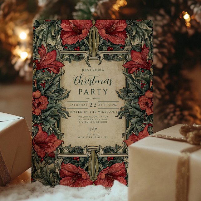 Vintage Red Amaryllis Botanical Christmas Invitation (Creator Uploaded)