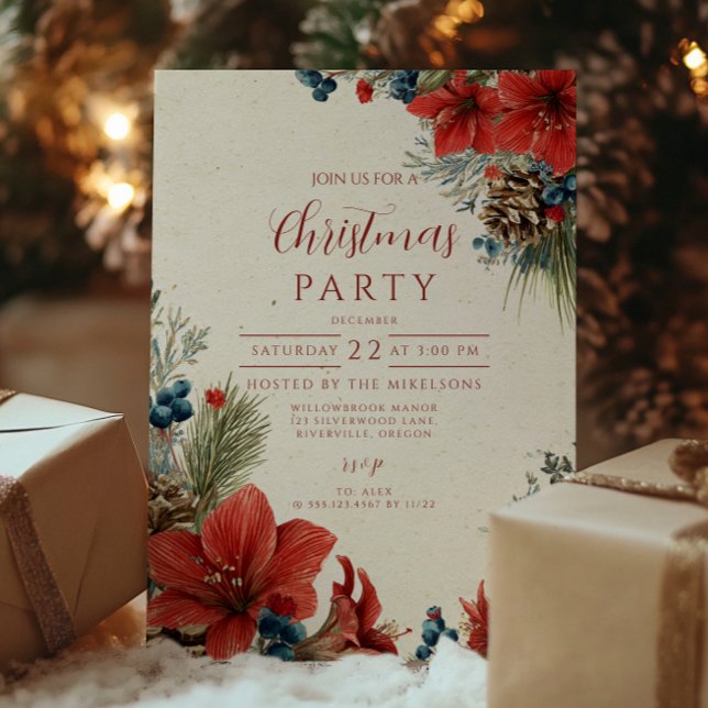 Vintage Red Amaryllis Holiday Celebration Invitation (Creator Uploaded)