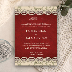 Vintage Red and Beige Lace Islamic Muslim Wedding Invitation