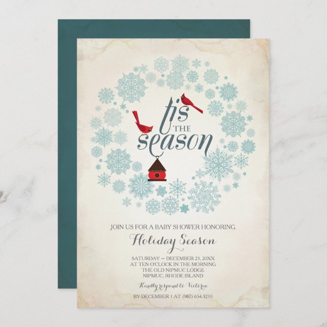 Vintage Red and Blue Country Snowflake Christmas Invitation (Front/Back)
