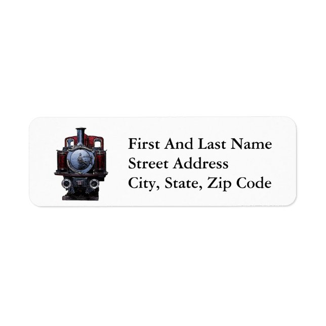 Vintage Red and Blue Train Locomotive Drawing Return Address Label (Front)