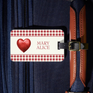 Vintage Red and Cream Gingham With Heart Luggage Tag