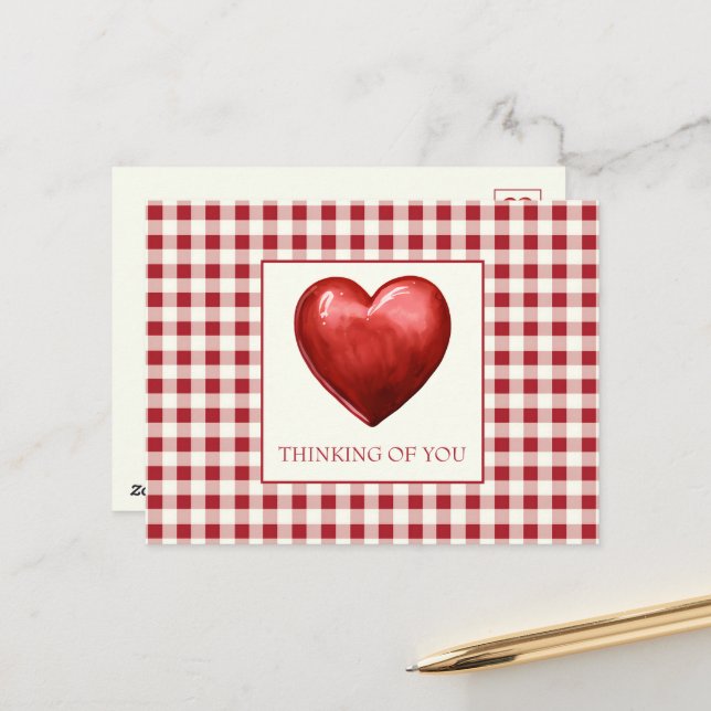 Vintage Red and Cream Gingham With Heart Postcard (Front/Back In Situ)