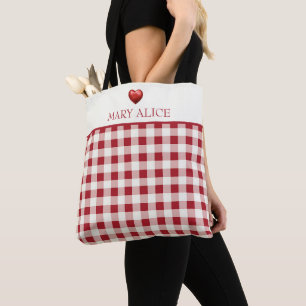 Vintage Red and Cream Gingham With Heart Tote Bag