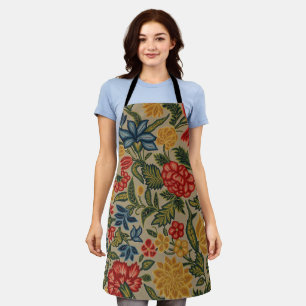 Vintage Red and Gold Crewel Floral Pattern Apron