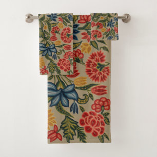 Vintage Red and Gold Crewel Floral Pattern Bath Towel Set