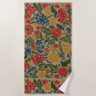 Vintage Red and Gold Crewel Floral Pattern Beach Towel