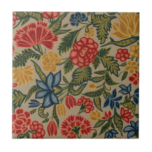 Vintage Red and Gold Crewel Floral Pattern Ceramic Tile