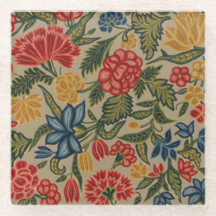 Vintage Red and Gold Crewel Floral Pattern Glass Coaster