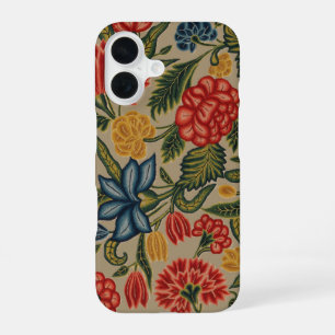 Vintage Red and Gold Crewel Floral Pattern iPhone 16 Case