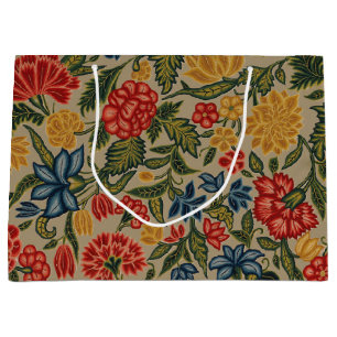 Vintage Red and Gold Crewel Floral Pattern Large Gift Bag