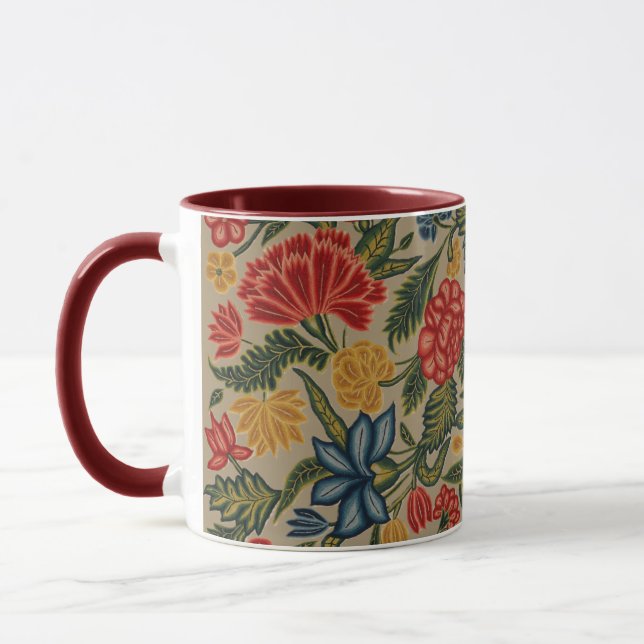 Vintage Red and Gold Crewel Floral Pattern Mug (Left)