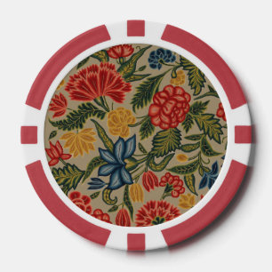 Vintage Red and Gold Crewel Floral Pattern Poker Chips