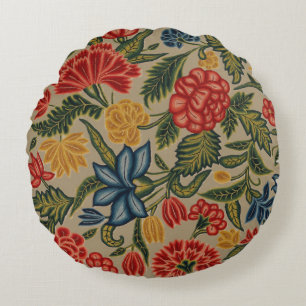 Vintage Red and Gold Crewel Floral Pattern Round Cushion