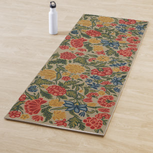 Vintage Red and Gold Crewel Floral Pattern Yoga Mat