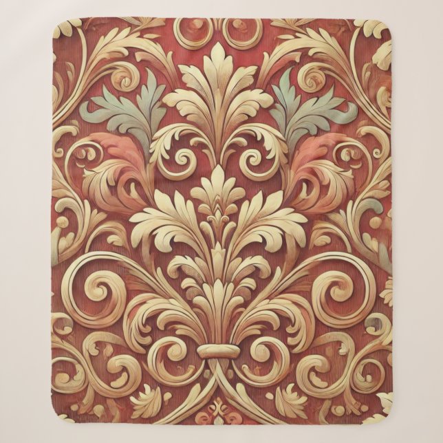 Vintage Red and Gold Damask Pattern Sherpa Blanket (Front)