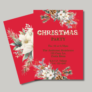 Vintage Red and Gold Greenery Christmas Party Invitation