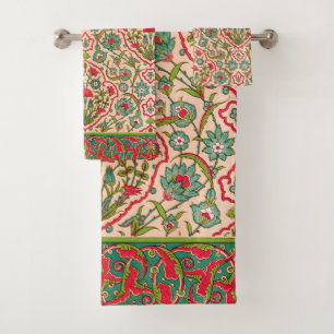 Vintage Red and Green Arabic Floral Pattern Bath Towel Set