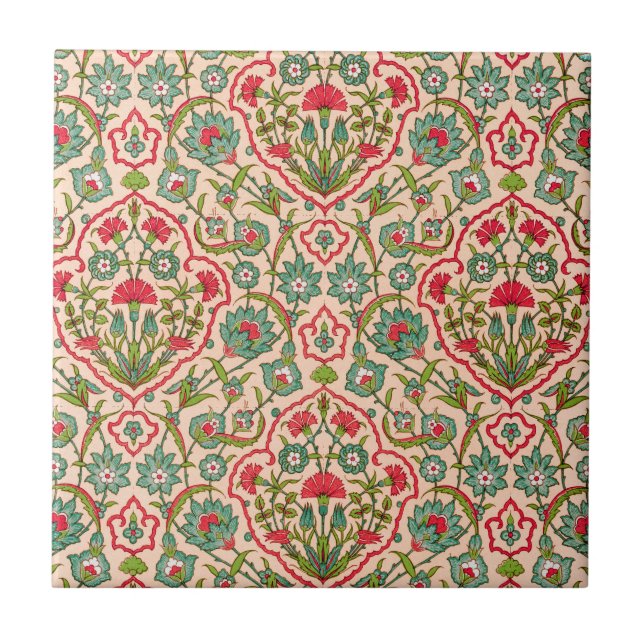 Vintage Red and Green Arabic Floral Pattern Ceramic Tile (Front)