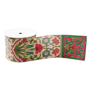 Vintage Red and Green Arabic Floral Pattern Grosgrain Ribbon