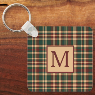 Vintage Red and Green Christmas Plaid Monogram Key Ring