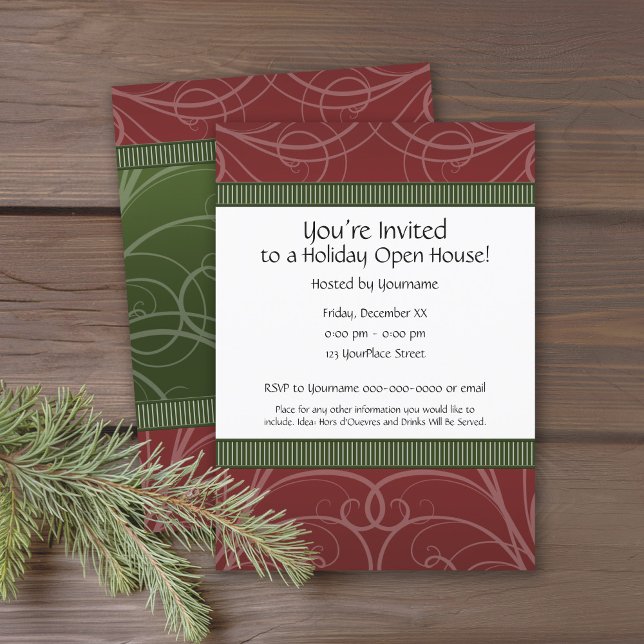 Vintage Red and Green Corporate Art Deco Detailed Invitation (Vintage Holiday Open House Party Invitation with formal swirls and traditional wording)