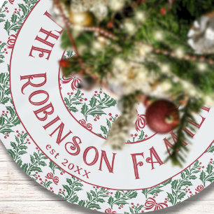 Vintage Red and Green Holly Pattern Family Name Brushed Polyester Tree Skirt