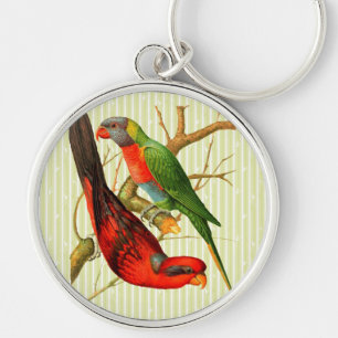 Vintage Red and Green Parrots on Bambo Background Key Ring