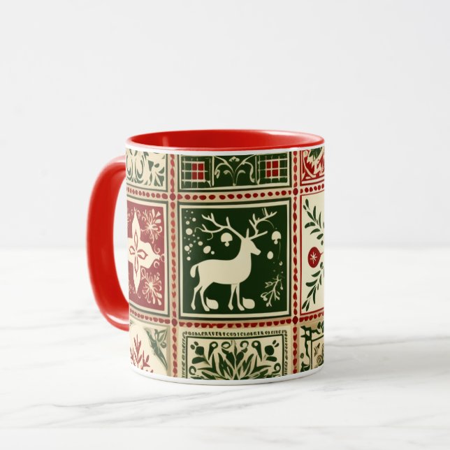 Vintage Red and Green Quilt Squares Christmas Mug (Front Left)