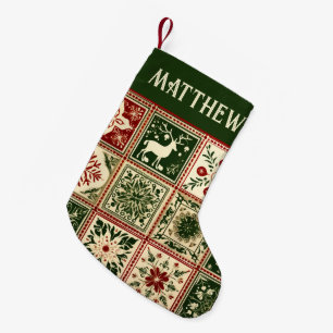 Vintage Red and Green Quilt Squares Christmas Small Christmas Stocking