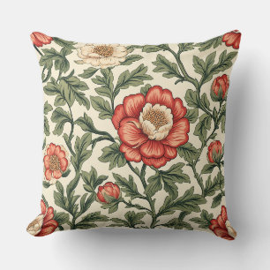 Vintage Red and Ivory Peony Floral Cushion