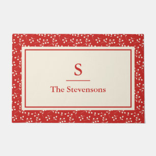 Vintage Red and White Botanical Monogram Christmas Doormat