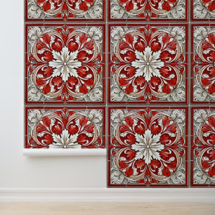 Vintage Red and White Italian Tile Pattern Wallpaper