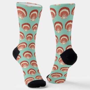 Vintage Red and White Scallop Shell Nautical Art Socks