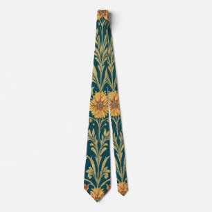 Vintage Red and Yellow Floral on Dark Blue Tie